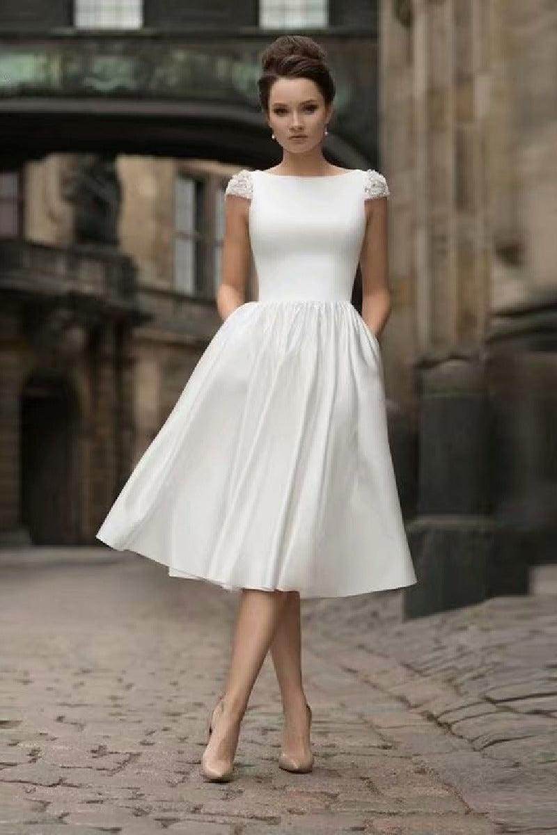 A-Line Tea Length Satin Wedding Dress 638933696642 - COCOMELODY